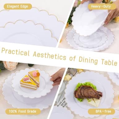 LIYH 120 Pcs White Plastic Plates Wedding Plates Disposable Heavy Duty Scalloped Plastic Plate Includes: 60 Dinner 10.25" & 60 Dessert Plate 7.5" Elegant Gold Rim Suitable for Bridal Shower Party - Image 4