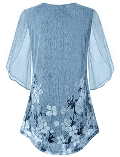 SeSe Code Blue Floral Tops for Women Ruffle Sleeve Dressy Tops for Evening Wear Flowy Chiffon Blouses for Women Business Casual Summer Fashion L - Image 4