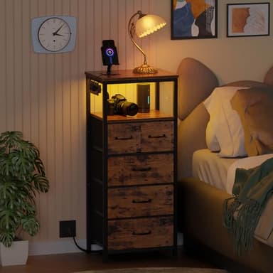 Furnulem Dresser for Bedroom, Tall Nightstand, Vertical Chest with Wood Top, Charging Station, LED Lights, 5 Fabric Bins, Bedside Table with Shelf, Furniture for Entryway (5 Drawer, Rustic Brown) - Image 8