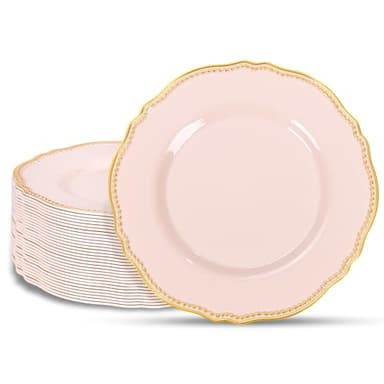 Hioasis 60pcs Pink Plastic Plates - Pink and Gold Disposable Dinnerware with Gold Rim, Heavy-duty, 10.25 inch, Dinner Plates for Party & Wedding - Image 1