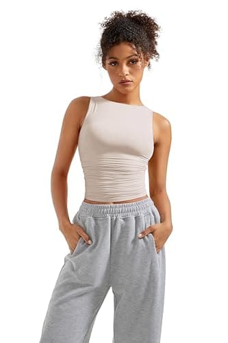 SUUKSESS Women Double Lined Sleeveless Going Out Basic Tank Tops Ruched Summer Casual T Shirts (Beige, Medium) - Image 4