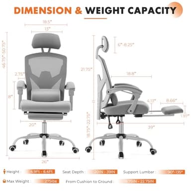 Sweetcrispy Office Computer Desk Chair with Footrest,Ergonomic High-Back Mesh Rolling Work Swivel Chairs with Wheels,Comfortable Lumbar Support,Comfy Arms for Home,Bedroom,Study,Student,Light Grey - Image 2