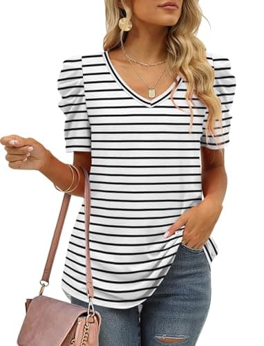 Black and White Striped Shirt Women Summer Casual Puff Sleeve Tops Curved Hem L - Image 2