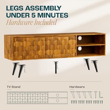 Bme Georgina Solid Wood, 10 Minutes Assembly Entertainment Center with Storage Geometric Pattern Console for Living, Bedroom, Dining Room, TV Stand 65 Inch, Teak Brown - Image 3