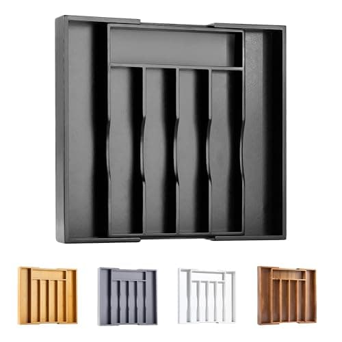 Bellsal Black Silverware Organizer Kitchen Drawer Organizer Expandable Bamboo Utensil Holder Cutlery Tray for Kitchen Utensil and Flatware Bedroom Office - Image 1