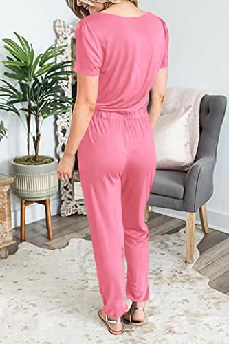 PRETTYGARDEN Jumpsuits for Women 2025 Spring Summer Casual Dressy Short Sleeve Romper Airport Vacation Travel Outfits (Rose Pink,Large) - Image 6
