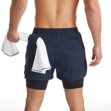 Surenow Mens 2 in 1 Running Shorts Quick Dry Athletic Shorts with Liner, Workout Shorts with Zip Pockets and Towel Loop Navy Blue - Image 2