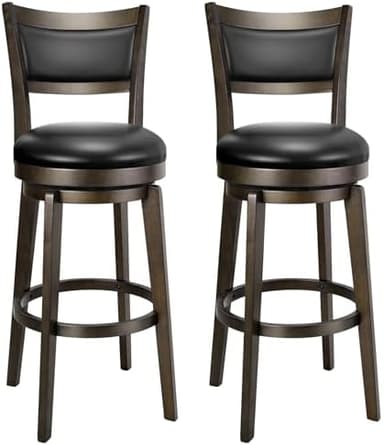 PrimeZone Swivel Bar Stools Set of 2, 30 Inch Bar Height Barstools, Black Faux Leather Bar Stool with High Backrest & Solid Wood Legs & Wrap-Around Footrest, Counter Stools for Kitchen Island, Pub - Image 3