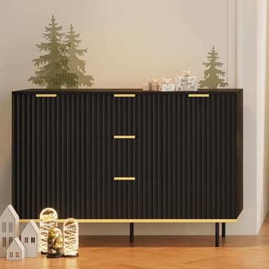 Buffets & Sideboards, Fluted Sideboard Cabinet, 2 Door 3 Drawer Design, Acceent Black Sideboard - Elegant Cabinet Ideal for Dining Room and Kitchen Storage 47.2 inch - Image 8