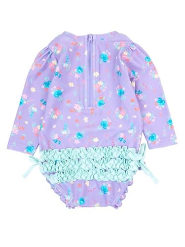 RuffleButts Baby Girls UPF 50+ Sun Protection Floral Printed Long Sleeve One Piece Rash Guard Swimsuit with Zipper - Purple Garden, 18-24m - Image 2