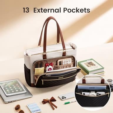 LOVEVOOK Teacher Tote Bag for Women, Work Bags Laptop Bag with Large Cup Holder, Quilted Nurse Bag Diaper Tote with Multi-Pockets, Large Computer Handbag Purse for Bussiness Travel, Office, College - Image 3