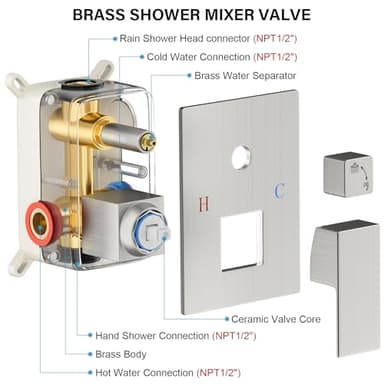 FPXRNG Shower Faucet Set Bathroom Square Rain Shower Head and Handle Set, Wall Mounted Shower Fixtures, Full Metal Trim Repair Kit 10 inch Brushed Nickel (With Shower Valve) - Image 6