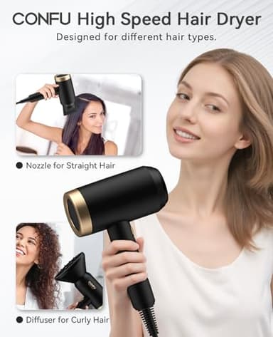 Hair Dryer, CONFU Blow Dryer with Diffuser, 21000PRM Professional Hairdryer, Portable Lightweight Fast Drying Negative Ionic Blow Dryer, Hair Diffuser for Curly Hair for Home Travel - Image 4