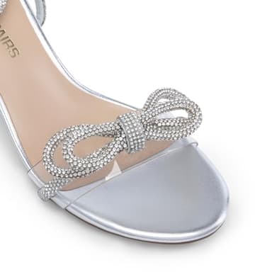 DREAM PAIRS Women's Double Bowknots Crystal Sandals Low Chunky Heels Clear Slingback Dress Shoes for Wedding Bridal Party,Size 9,Silver,DWUMHS2559 - Image 7
