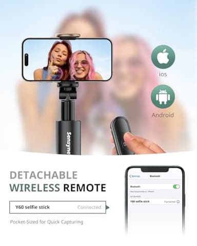 Sensyne 68" Phone Tripod & Selfie Stick, Lightweight All in One Phone Tripod Integrated with Wireless Remote Compatible with All Cell Phones for Selfie/Video Recording/Photo/Live Stream/Vlog（Black） - Image 3