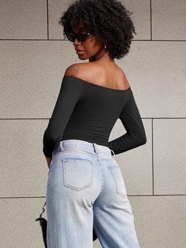 YEOREO Sophie Women Off Shoulder Long Sleeve Shirts Double Lined Basic Undershirt Y2K Going Out Tops Black-S - Image 4