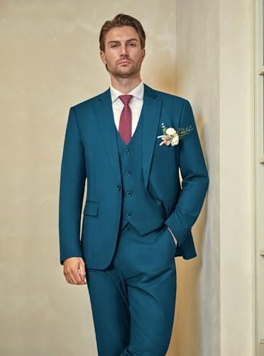 WULFUL Men’s Slim Fit Suit One Button 3-Piece Blazer Dress Business Wedding Party Jacket Vest & Pant Teal Blue - Image 2