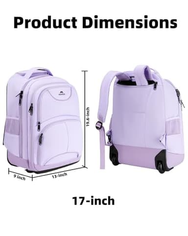 MATEIN Rolling Backpack for Women, 17 Inch Travel Laptop Backpacks with Wheels, Waterproof Large Roller Carry On Luggage Wheeled, Trolley Overnight Suitcase Business Computer Bag, Purple - Image 6
