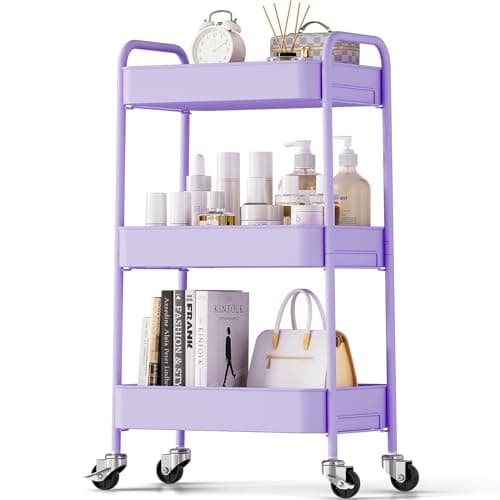 TOOLF 3-Tier Metal Rolling Cart with Wheels, Storage Utility Organizer Cart for Kitchen, Bathroom, Office, Baby Essentials & Makeup - Lockable Casters, Easy Assembly, Large Capacity, Purple - Image 1