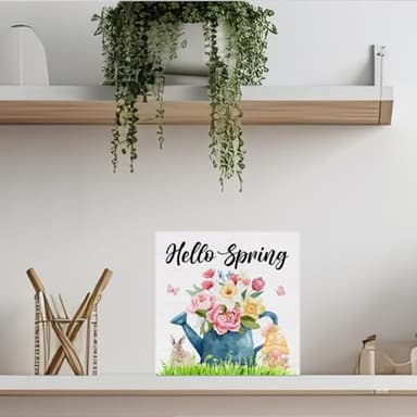 YXSEZ Rustic Wooden Spring Decorative Sign - 5 x 5 Inches - Floral Theme - Tabletop - Hello Spring - Image 4