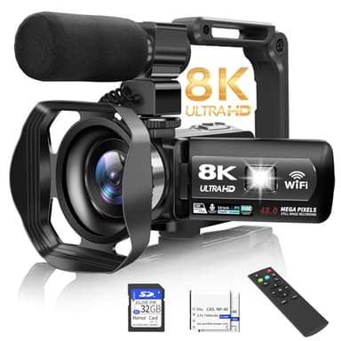 Video Camera, 8K Camcorder 48MP 15FPS UHD WiFi Vlogging Camera with IR Night Vision for YouTube, 3" Touch Screen 18X Digital Zoom, with Fill Light, Mic, Stabilizer, Lens Hood, Remote and 2 Batteries - Image 1