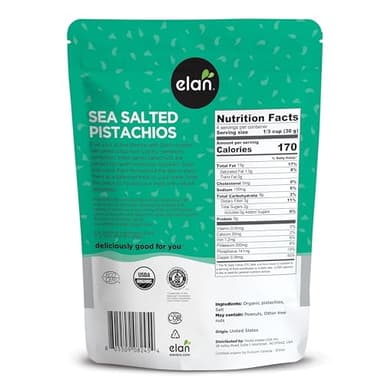 Elan Organic Sea Salted Pistachios, 5.1 oz, In Shell, Salted with Sea Salt, Lightly Roasted, Naturally Open, Non-GMO, Vegan, Gluten-Free, Kosher, Healthy Snacks - Image 2
