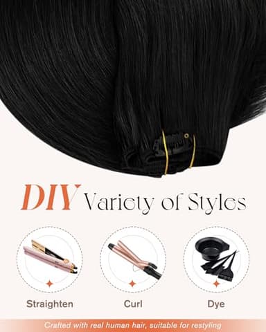 Sunny Hair Clip in Hair Extensions Straight Human Hair Clip in Extensions Remy Clip in Hair Extensions Real Human Hair Extensions Clip ins Jet Black for Women 22inch - Image 6