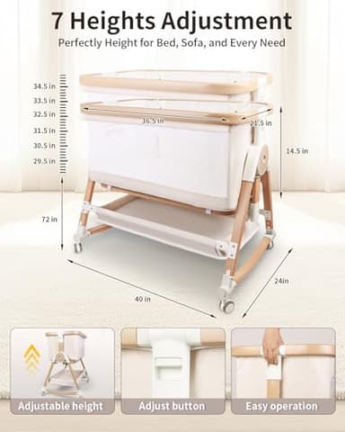 suihuooo 4 in 1 Baby Bassinet, Bassinets Bedside Sleeper with Wheels and Storage Basket, Adjustable 7 Heights Bedside Sleeper with Mosquito Net, Breathable Mesh Rocking Bassinet for Baby - Image 3