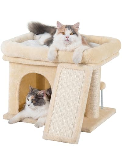 Aechonow 14in Cat Tree Tower with Large Perch, 20 * 16.5 Inch Top Bed for Adult Cats, Scratching Post with Bed for Kittens, Beige - Image 1