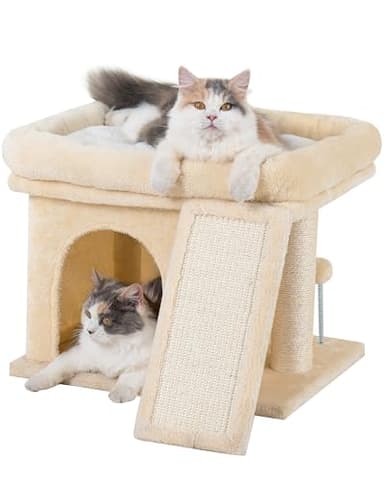 Aechonow 14in Cat Tree Tower with Large Perch, 20 * 16.5 Inch Top Bed for Adult Cats, Scratching Post with Bed for Kittens, Beige - Image 1