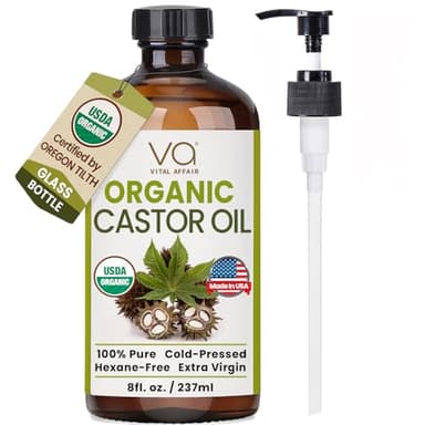 VITAL AFFAIR Castor Oil Organic Cold Pressed Unrefined Glass Bottle - USDA Certified Castor Oil For Hair Growth, Skin, Eyelashes, Eyebrows & Nails - 8 Fl Oz - Image 1