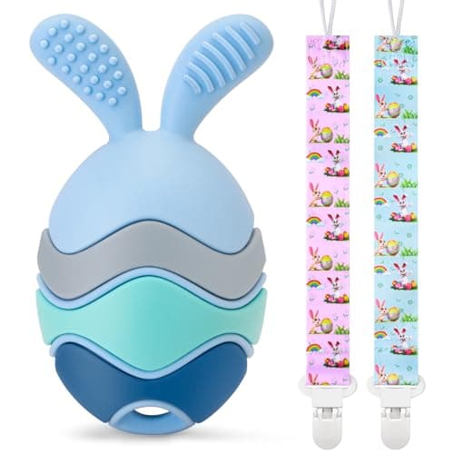 Easter Egg Bunny Baby Teether for Easter Basket Stuffers, Rabbit Egg Rattle Toy Teething for Easter Basket Essentials Infant Boys & Girls First Gifts with 2 Packs Easter Egg Pacifier Clip, 3 Months+ - Image 1