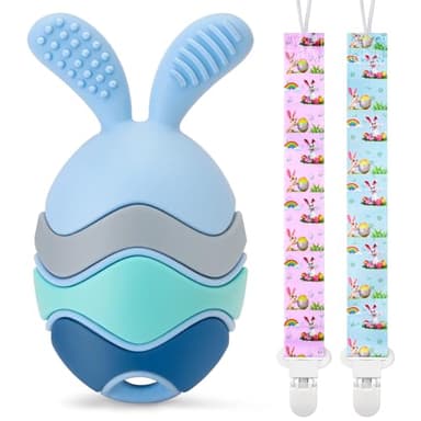 Easter Egg Bunny Baby Teether for Easter Basket Stuffers, Rabbit Egg Rattle Toy Teething for Easter Basket Essentials Infant Boys & Girls First Gifts with 2 Packs Easter Egg Pacifier Clip, 3 Months+ - Image 1