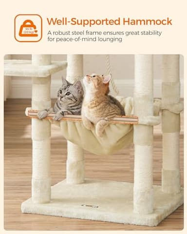 Feandrea Cat Tree, 56.3-Inch Cat Tower for Indoor Cats, Multi-Level Cat Condo with 11 Scratching Posts, 2 Perches, Cave, Hammock, Beige UPCT15BE - Image 5