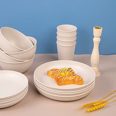 LIYH 32pcs Wheat Straw Dinnerware Sets for 8 Pink Plastic Plates and Bowls Sets,Plastic Plates Reusable,Dishwasher Freezer Safe (Pink Beige) - Image 3