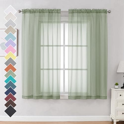 OVZME Light Green Sheer Curtains 63 inch Length 2 Panels Set for Bedroom Living Room, Elegant Light Filtering Sheer Drapes Window Treatments, Each is 42W x 63L Inches, Sage Green - Image 1