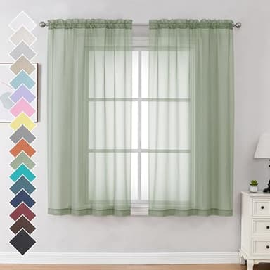 OVZME Light Green Sheer Curtains 63 inch Length 2 Panels Set for Bedroom Living Room, Elegant Light Filtering Sheer Drapes Window Treatments, Each is 42W x 63L Inches, Sage Green - Image 1