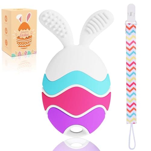 Easter Egg Bunny Rattle Teething Toy – Baby Teether for Infants, Toddlers & Newborns – Sensory Chew Toy for Teething Relief – Perfect Baby’s First Easter Gift & Basket Stuffer Essentials (Pastels) - Image 1