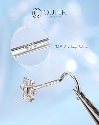 OUFER 925 Sterling Silver Nose Rings, Flower Nose Studs, Cute Nose Nostril Piercing Jewelry, Screw Shaped 20G Silver Nose Rings Studs for Women Men - Image 7