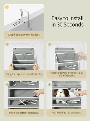 Yecaye 5 Tier 1Pc Over the Door Organizer, Swing-proof Door Organizer Hanging with Clear PVC Windows, Behind the Door Storage for Bedroom Nursery Closet Laundry Pantry Bathroom, Grey - Image 4
