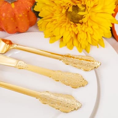 Liacere 400PCS Gold Plastic Silverware - Pre Rolled Napkins Disposable Gold Plastic Cutlery-Premium Quality Utensils-Includes 100Forks,100Knives,100Spoons,100Napkins&Wedding&Thanksgiving - Image 7