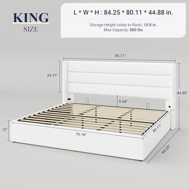 Allewie King Size Velvet Lift Up Storage Bed, Modern Wingback Headboard, Hydraulic Support, No Box Spring Needed, White - Image 2