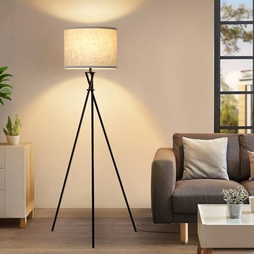 Tripod Floor Lamp Black, 61” Tall Floor Lamps, Standing Lamp with Rotary Switch, Modern Floor Lamp Simple Design with Beige Shade, Floor Lamps for Living Room, Bedroom, Office, Without Bulb - Image 1