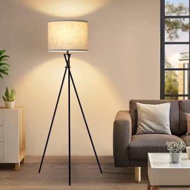 Tripod Floor Lamp Black, 61” Tall Floor Lamps, Standing Lamp with Rotary Switch, Modern Floor Lamp Simple Design with Beige Shade, Floor Lamps for Living Room, Bedroom, Office, Without Bulb - Image 1