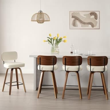Bekrvio Swivel Counter Height Bar Stools Set of 4, 26" Upholstered Faux Leather Barstools with Back and Bent Wood Legs, Mid Century Modern Bar Chair Island Stool for Kitchen Counter, Cream White - Image 1
