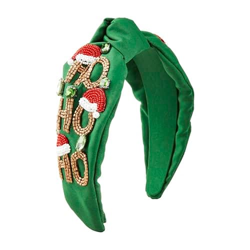 Mud Pie Women Holiday Beaded Headband, Green, outer width 3" | knot height 1 1/4" - Image 1