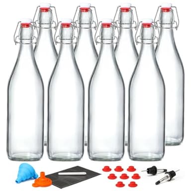 8 Pack [1 L / 33 fl. oz.] Swing Top Glass Bottles w/Airtight Stopper Lids – Flip Top Brewing Bottle for Fermentation, Kombucha, Mead, Vinegar, Beer, Kefir, Wine, Soda – With 8 Extra Seals & 2 Pourers - Image 1