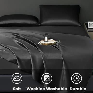 Revdomfly 4 Pcs Full Size Luxury Silky Soft Black Satin Sheet Set,1 Premium Moisture Wicking Fitted Sheet Fits Up to 16 Inches Deep Pocket + 1 Flat Sheet + 2 Pillowcases（Black, Full） - Image 8