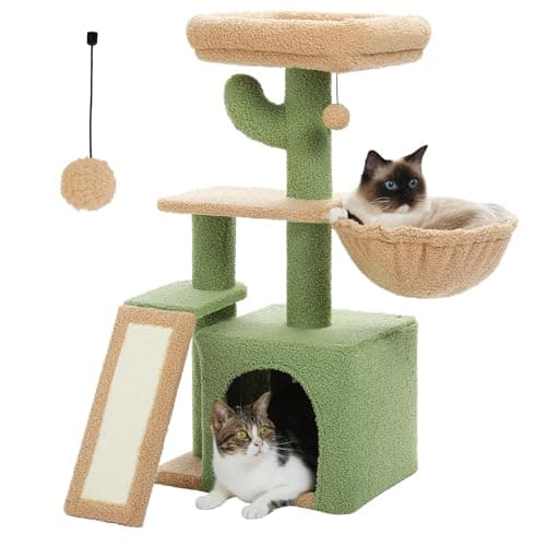 PETEPELA Cactus Cat Tree for Indoor Cats, 32'' Small Cat Tower Cat Condo with Sisal Scratching Ramp, Cozy Hammock and Removable Top Bed Perch for Kittens, Green - Image 1