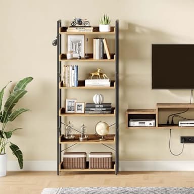 Rolanstar Bookshelf 6 Tier with 4 Hooks, Industrial Wood Bookcase, Vintage Storage Rack with Open Shelves, Rustic Standing Bookshelves Metal Frame Display Rack for Living Room, Bedroom, Rustic Brown - Image 5